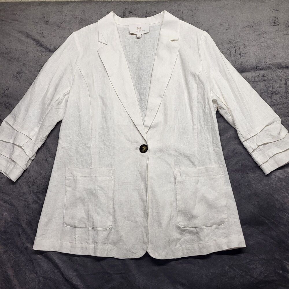 Womens HALSTON White Blazer Linen Blend 3/4 Sleeve Large Lihtweight Summer
